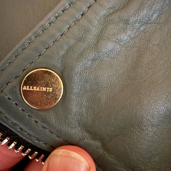 All Saints Dalby Biker 100% lamb leather moto jacket sage green size 6 NWT - Picture 14 of 14